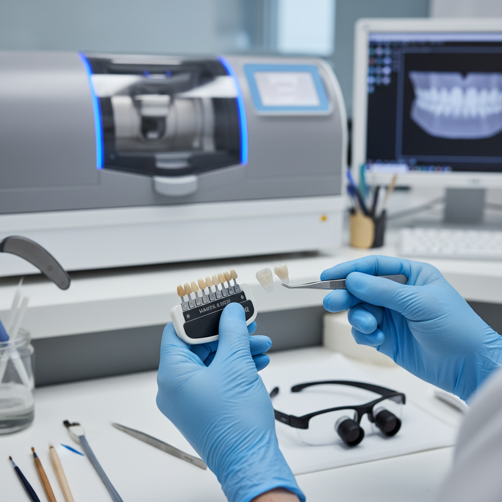 A gloved technician holds a dental shade guide and tweezers with tooth restorations in a dental lab setting.